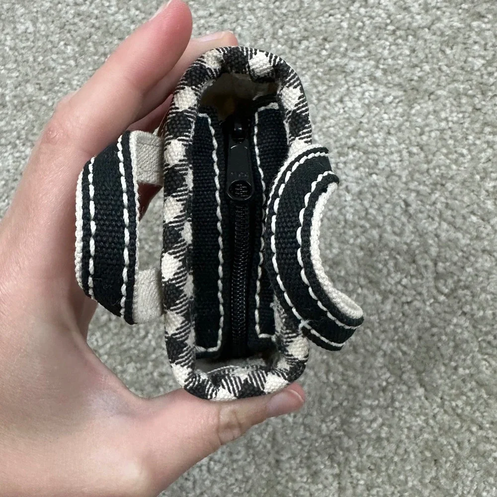 Lands' End Mini Tote Bag Keychain Black Natural Gingham Canvas Zipper Bag Charm